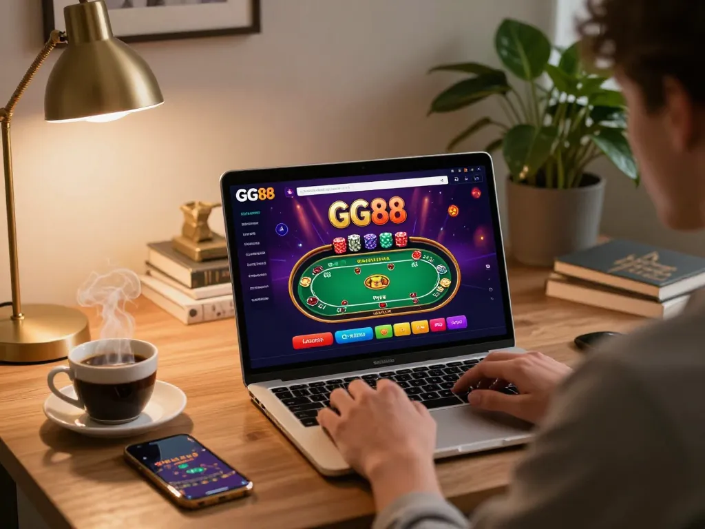 Participate in online gaming on GG88 platform with a sleek laptop setup showcasing live casino action.