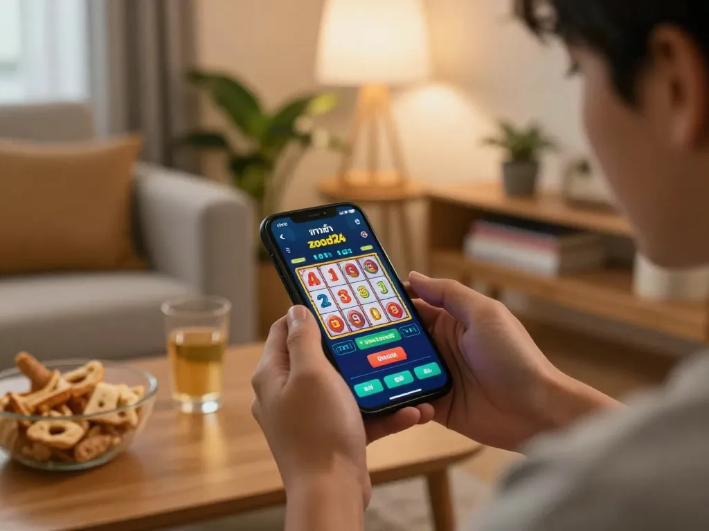 Playing on the ทางเข้าzood24 app from home, enjoying online gambling with snacks and warm lighting.
