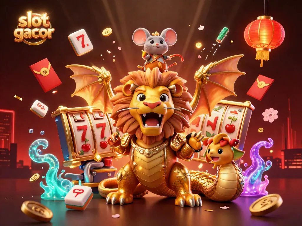 Slot gacor membawa keberuntungan dengan reel slot yang bercahaya dan simbol keberuntungan di sekitar.