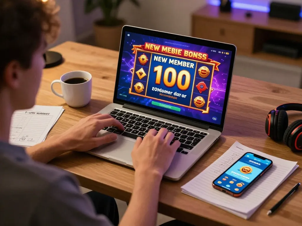 Engaged player enjoying slot bonus new member 100 offers on a laptop during online gaming session.