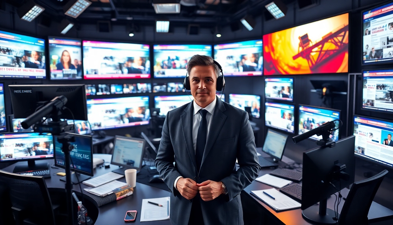 Engaging news environment featuring journalist reporting live with multiple news screens.
