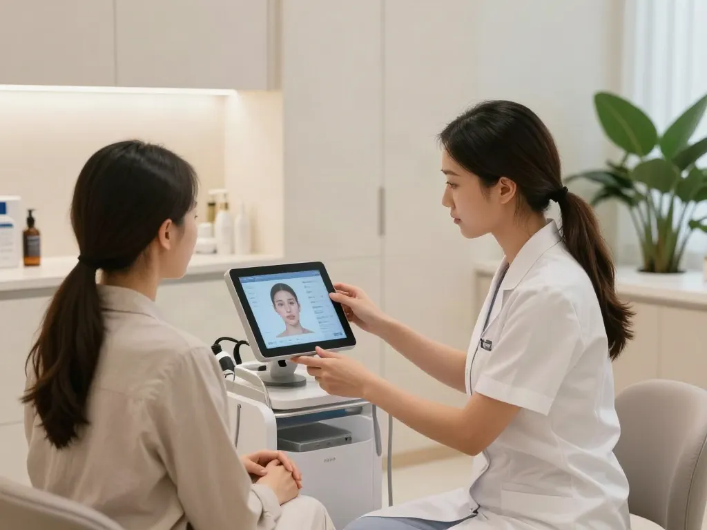 Consultation on alternatives to QOVES in a modern beauty clinic setting.