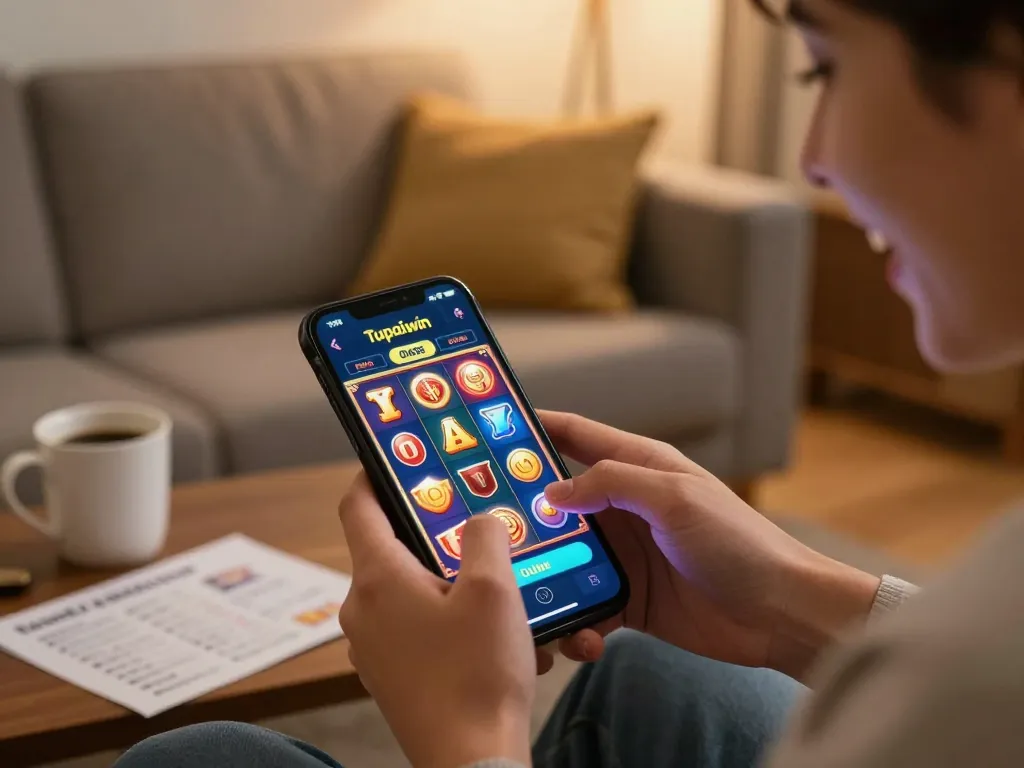 Pemain menikmati permainan slot mobile Tupaiwin yang menarik dengan visual yang cemerlang di rumah yang nyaman.