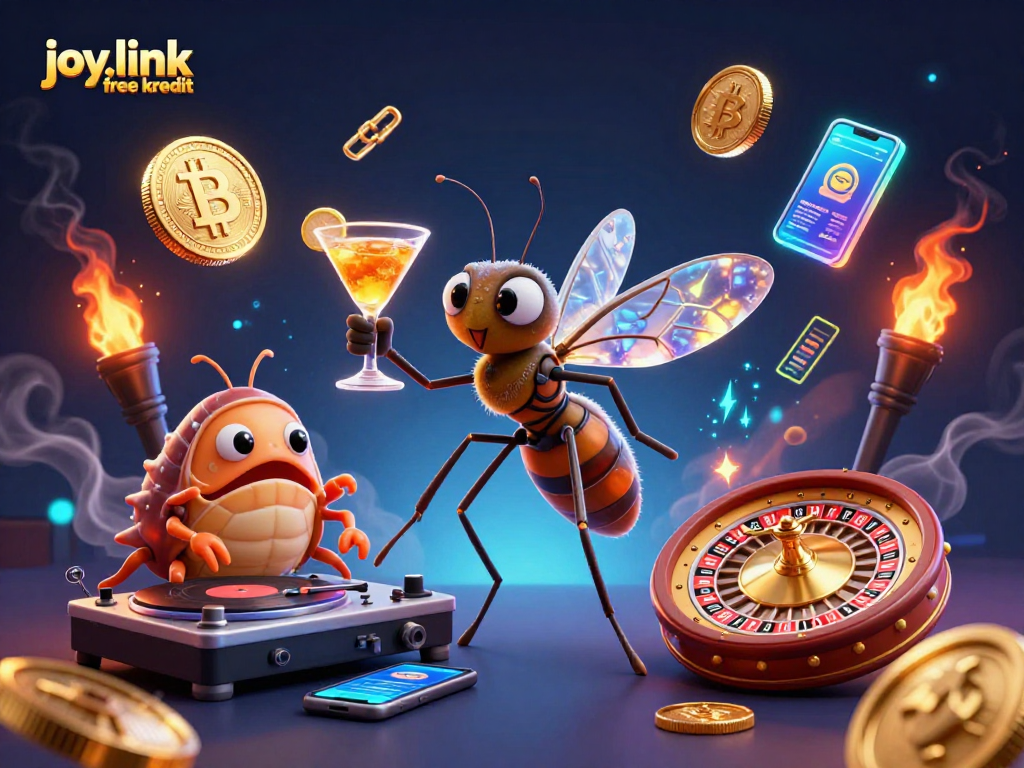 Experience joy.link free kredit with a lively casino scene featuring characters and dynamic gaming elements.