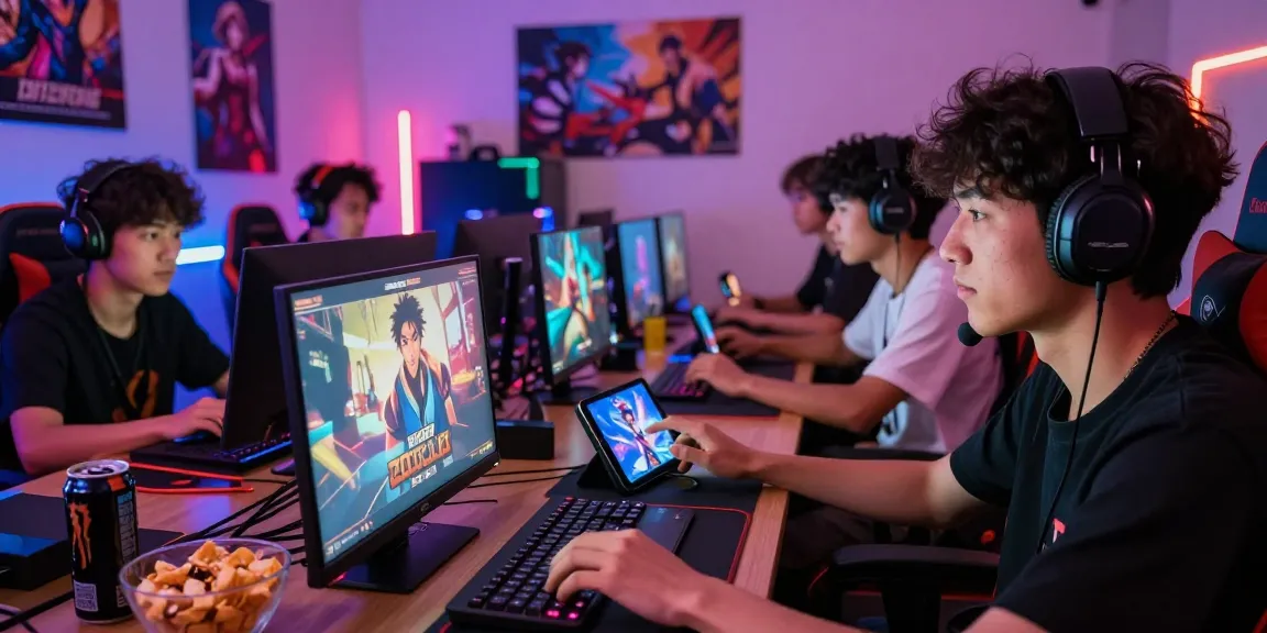 Engaged gamers enjoying a hentai game in a vibrant gaming setup with snacks and devices.