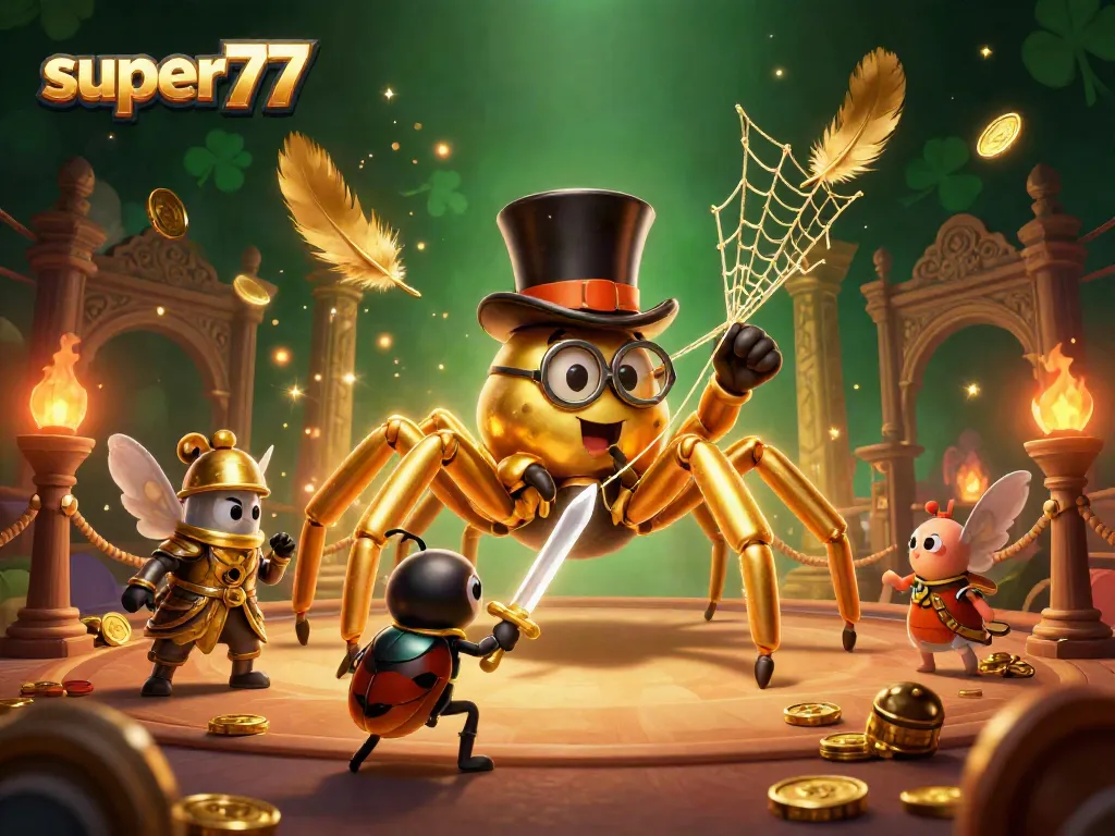 Experience excitement with super77 as the golden tarantula weaves its web in a vibrant casino scene.