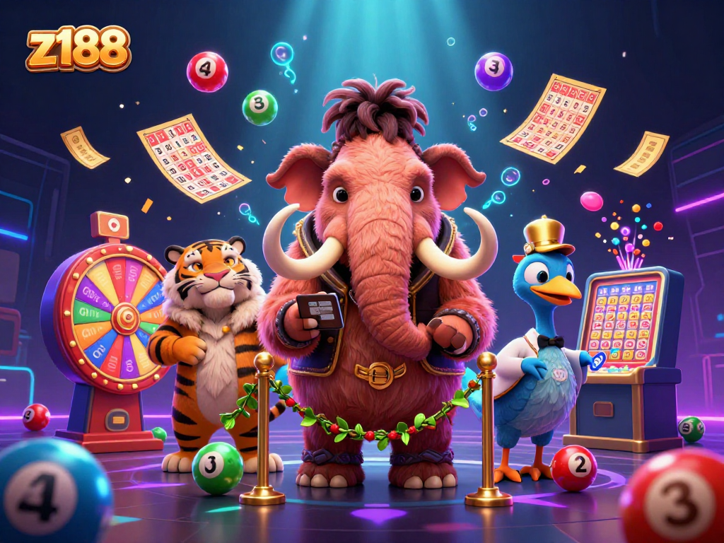 Experience vibrant excitement at z188 with colorful lottery balls, lively characters, and dynamic casino action.