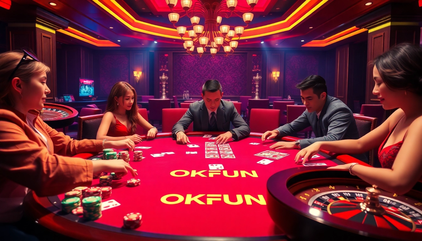 OKFUN players strategizing at a vibrant poker table in a luxury casino setting.