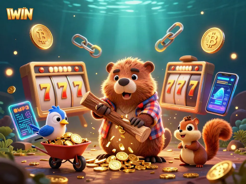 IWIN brings excitement as a beaver chops a tree raining coins in a vibrant 3D casino scene