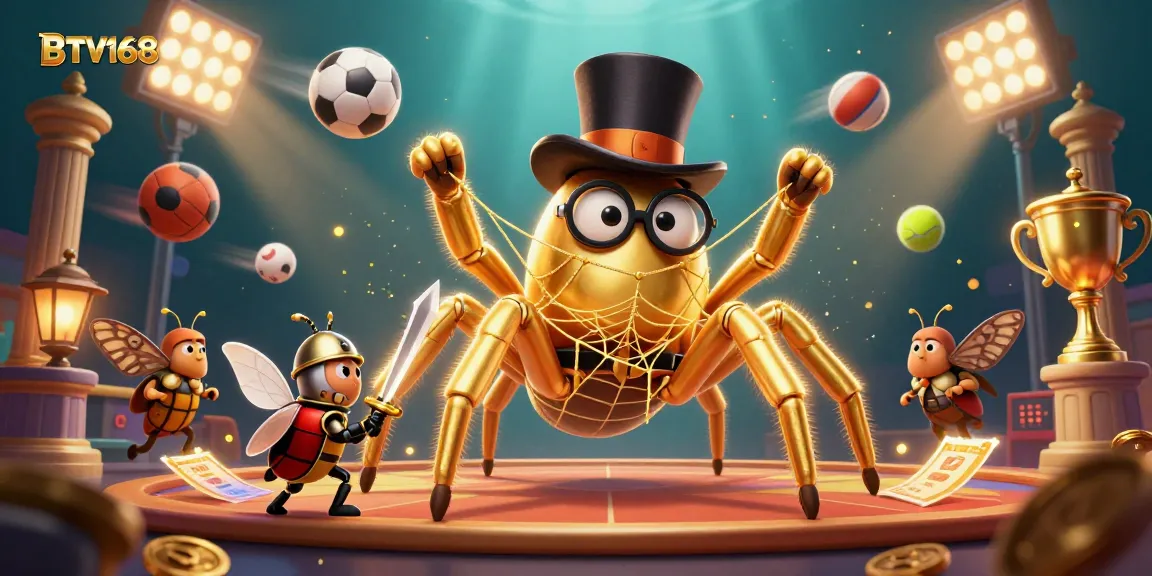 BTV168 showcases a lively casino scene with a golden tarantula crafting a web of excitement while beetle knight brings adventure.