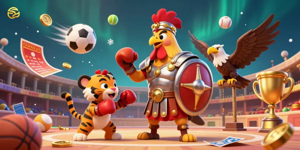 Join the action with cuan88 featuring a gladiator rooster and sports elements in a dynamic casino scene.