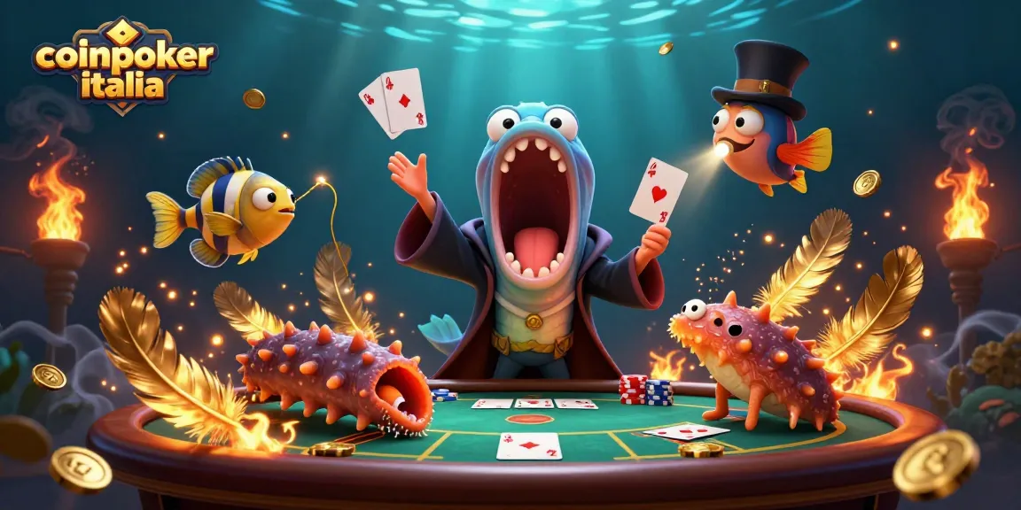Gioca a poker su CoinPoker Italia con un'illustrazione vivace di creature marine coinvolte.