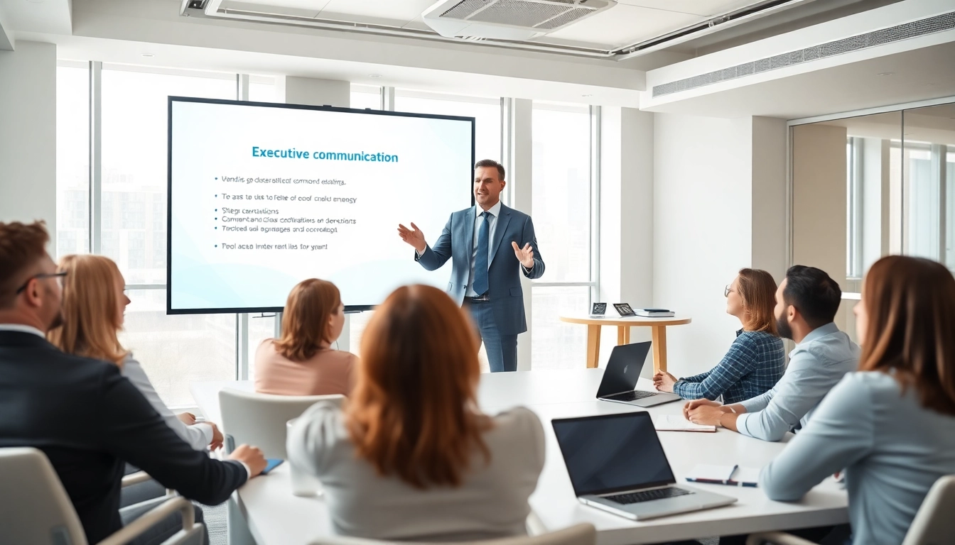 Engaging scene of an Executive Communication Coach leading a workshop in a modern setting.