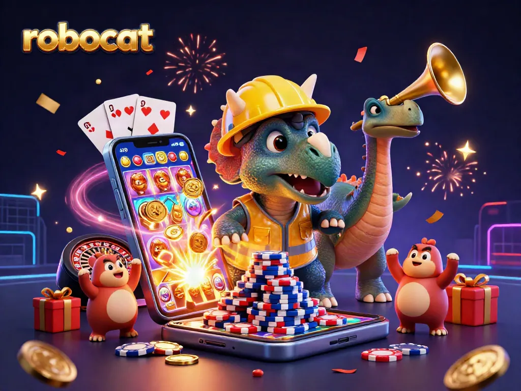 Robocat celebrates atop a pyramid of poker chips during a casino gaming adventure, surrounded by bonuses and fun.