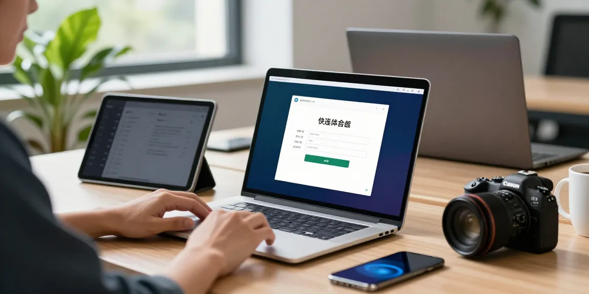 快连 installation process on a laptop in a modern workspace with tech gadgets.