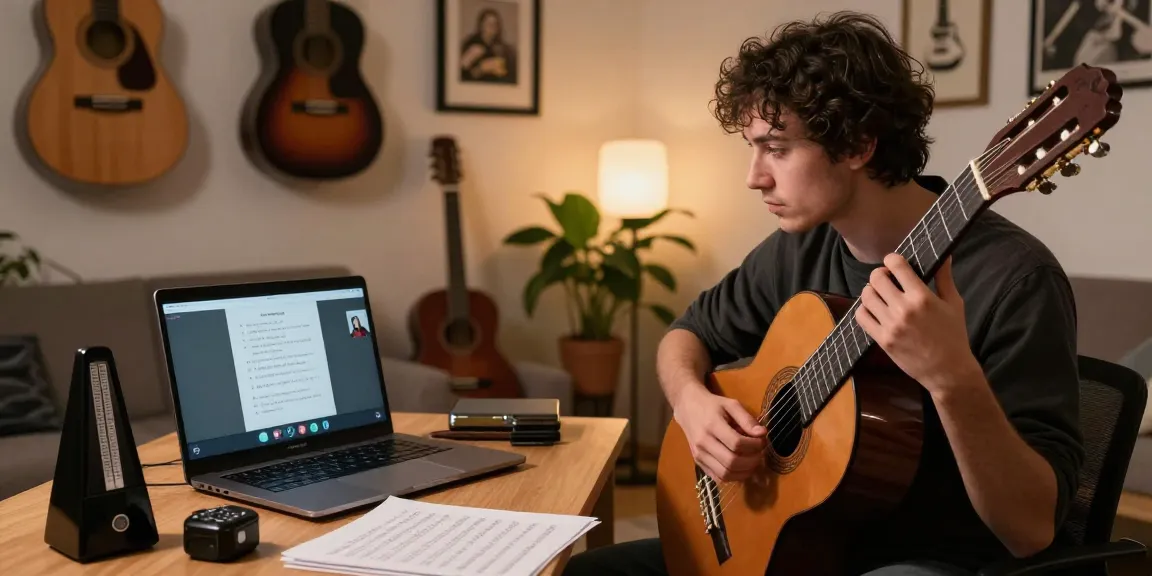 Remote Guitar Lessons with a certified instructor in a cozy home studio setting.