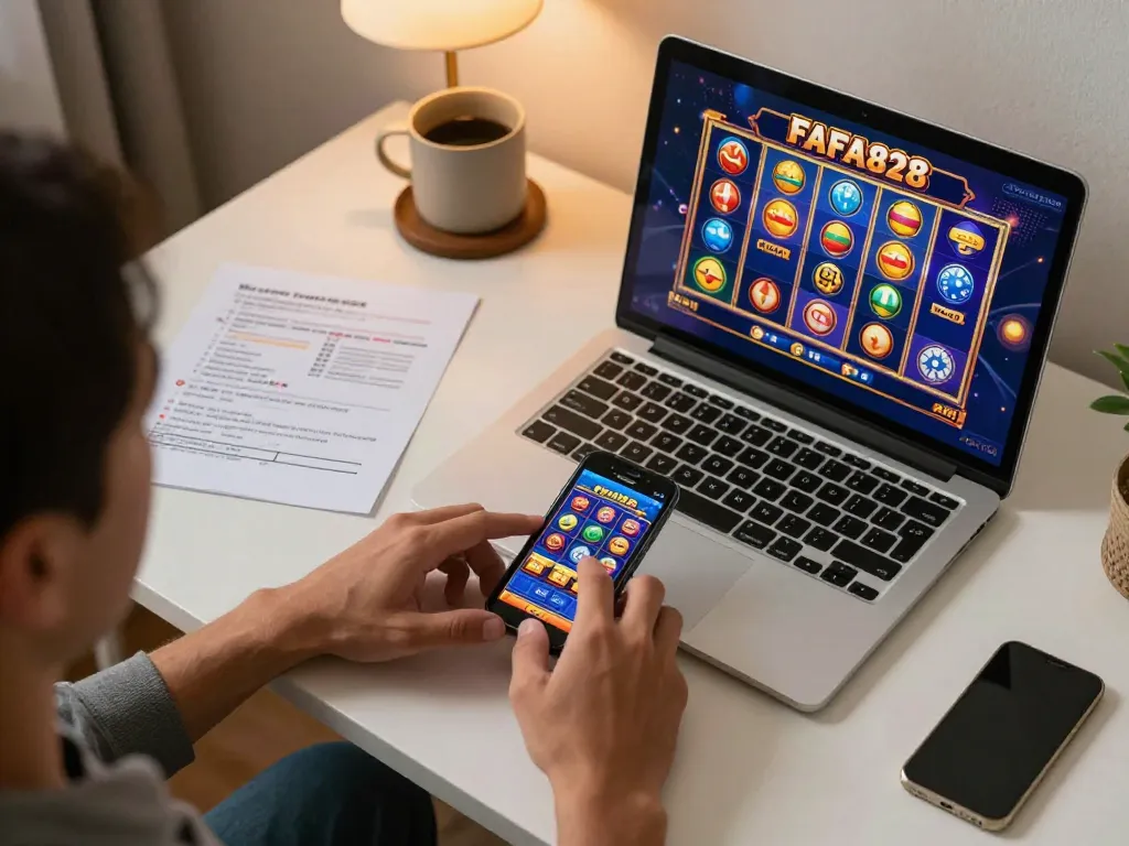 Play FAFA828 online slots on a smartphone and laptop, showcasing vibrant graphics and responsible gaming.
