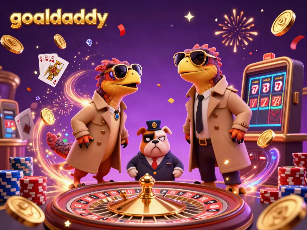Experience goaldaddy's thrilling casino atmosphere with quirky cartoon raptors attempting to sneak in.