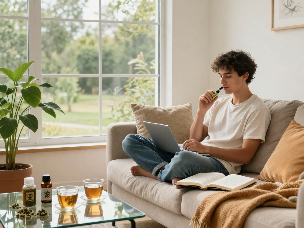 Enjoying a pack man vape in a cozy living room filled with natural wellness elements, CBD tea, and journals