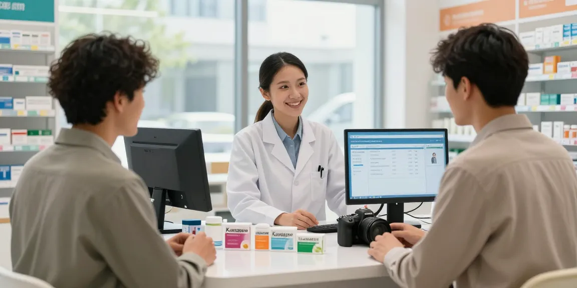 Buying Kamagra at a virtual pharmacy, expert pharmacist advising with confidence and care.