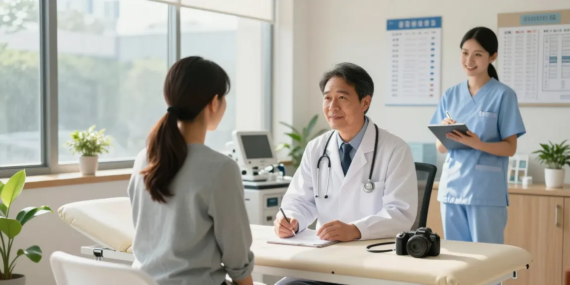 Health consultation scene in a bright clinic with a doctor and patient.