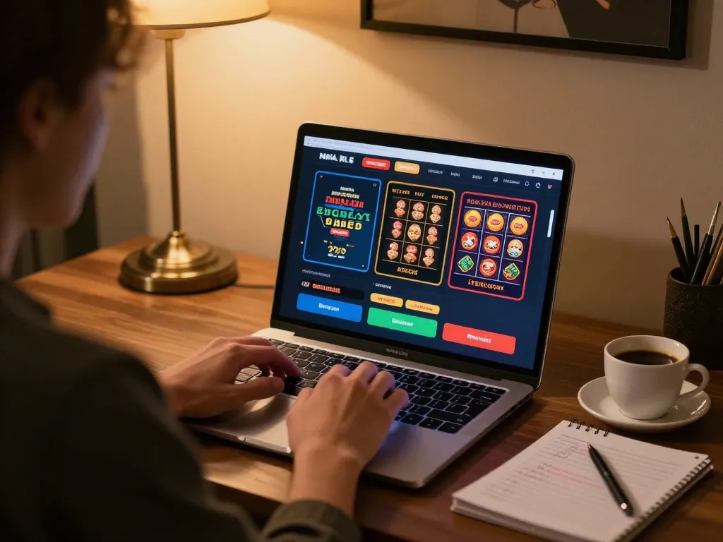 Engaging in online gaming at a modern casino with laptop showcasing 75W thrilling gameplay.