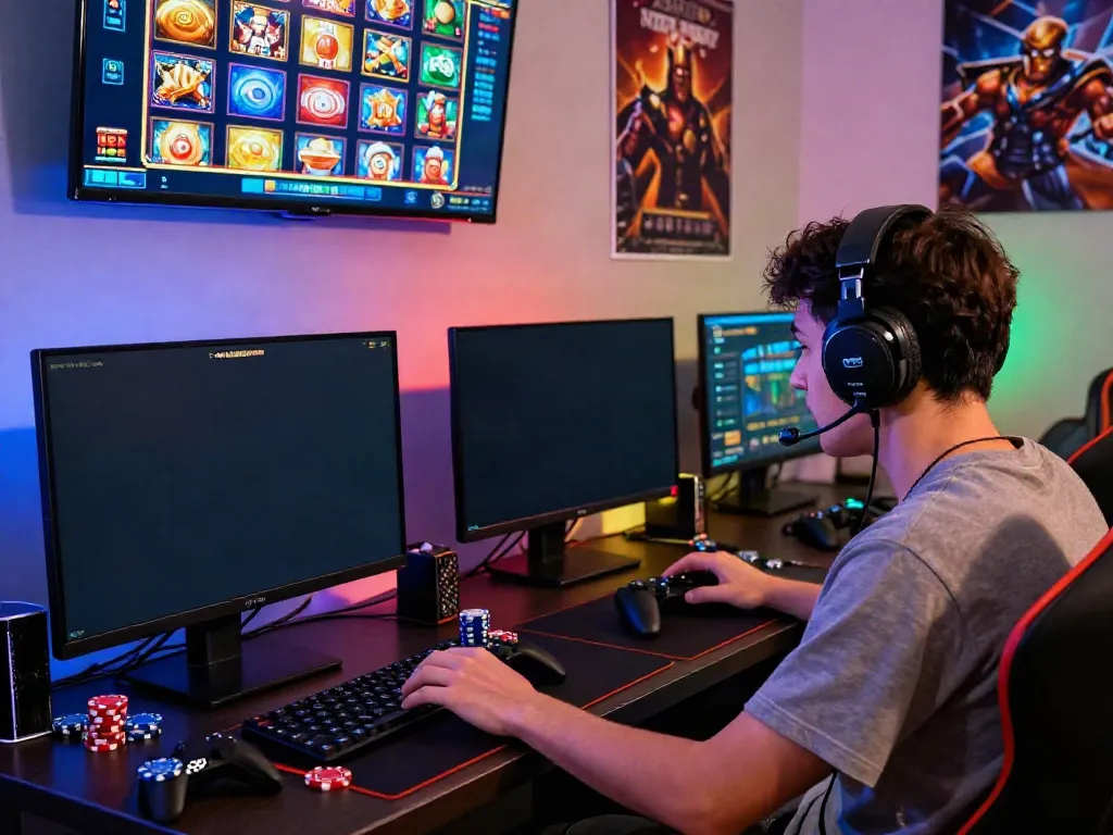 Player engaged with Slot MAHJONGJP88 games in a vibrant gaming room.