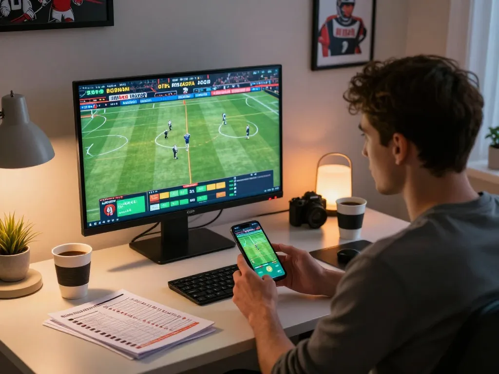Engaging viewer placing bets on 28bet while experiencing live sports action on a modern desktop setup.