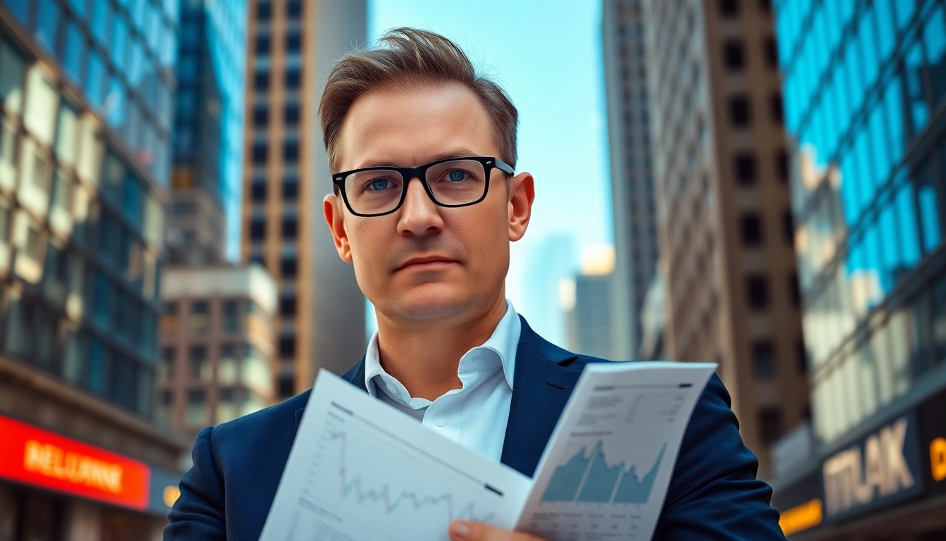 Mark Baum analyzing financial data in a busy city, reflecting insight and determination.