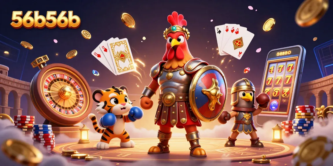 Aproveite a ação vibrante do 56b56b, com um galo gladiador e um tigre no cenário do cassino.