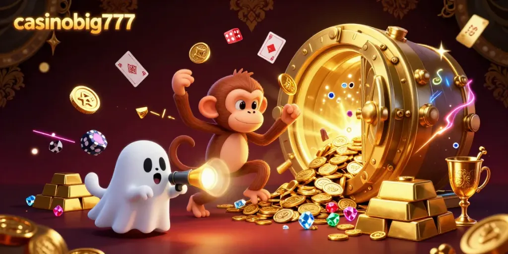Experience the excitement of casinobig777 as a playful monkey juggles treasures in a haunted casino.