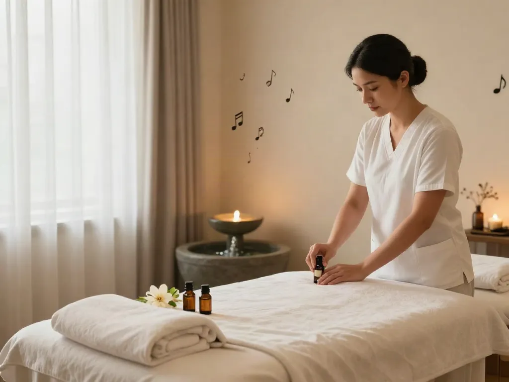 Serene 고양출장마사지 therapy room with essential oils and calming ambiance.