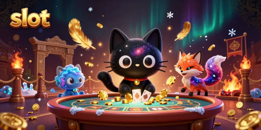 Engaging slot gaming scene with a unique black hole cat and colorful nebula fox.