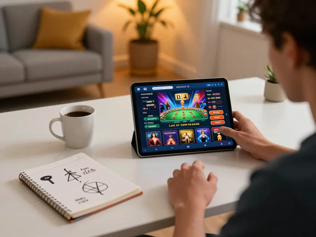 Player using LC 88 app on tablet for strategic online casino gaming in a cozy home setup.