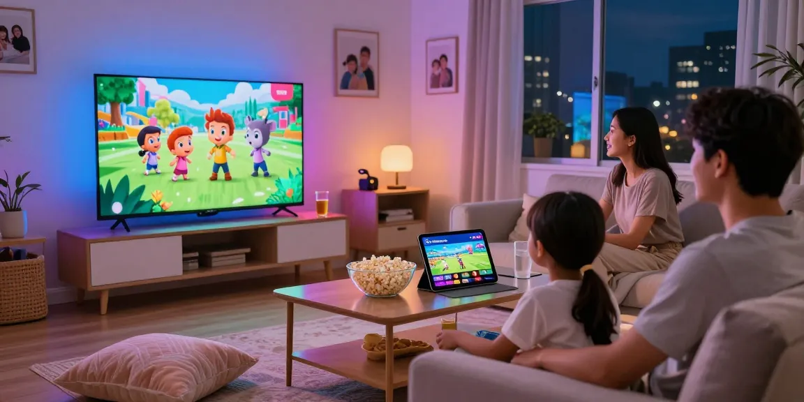Pikashow app in a cozy living room with family watching movies and sports