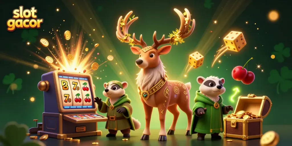 Spin the slot gacor for big wins with a druid stag, badger, and vibrant casino elements!
