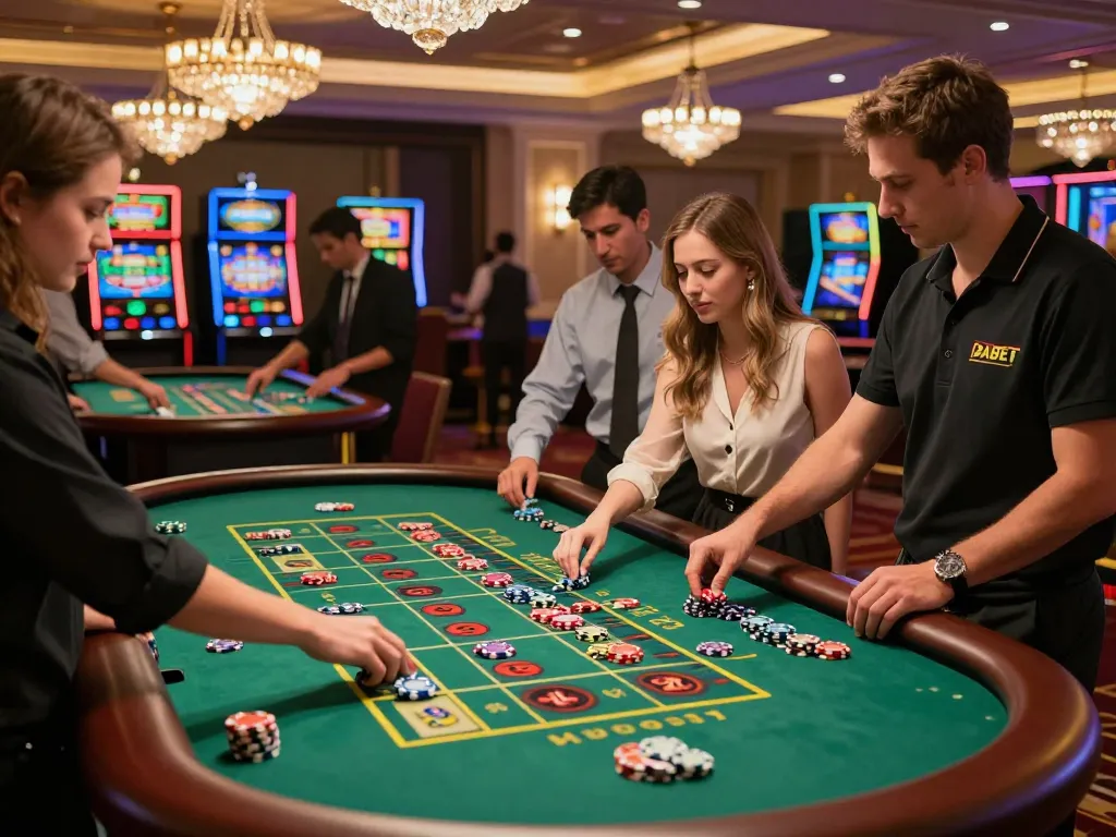 DABET casino floor showcasing players engaged in an exciting roulette game with vibrant atmosphere.