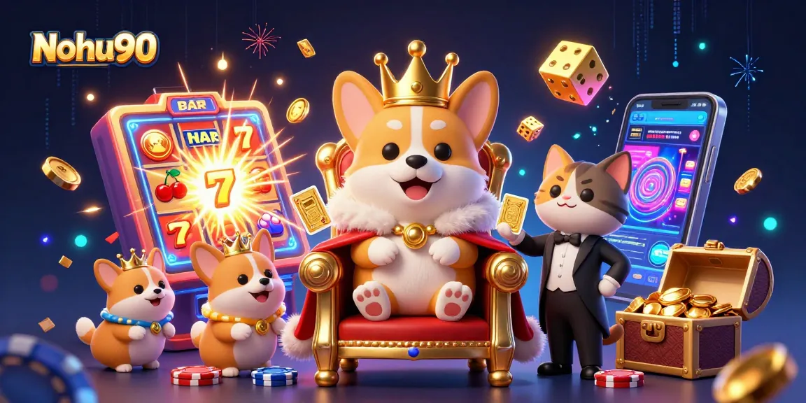 Nohu90's vibrant 3D casino scene with characters enjoying a jackpot explosion and slot machine thrill.