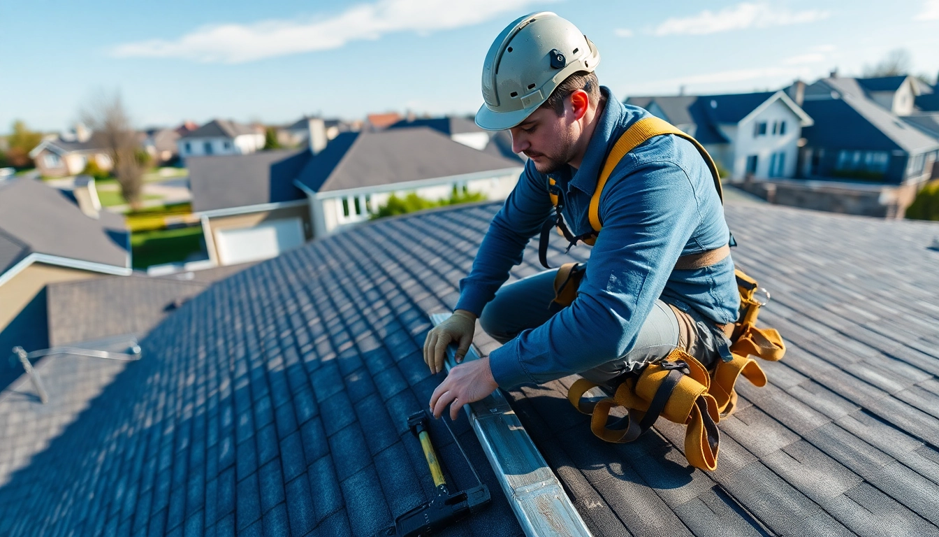 Roof repair technician inspecting a home roof closely to ensure quality service.