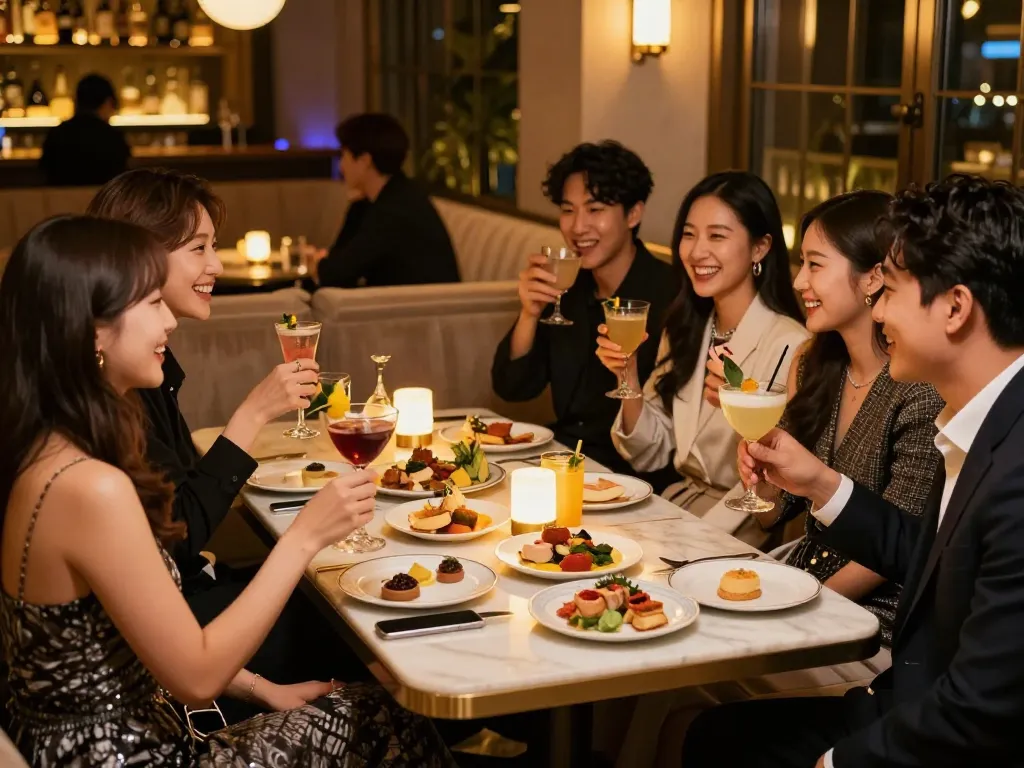 Enjoying a vibrant night at 강남쩜오 with upscale cocktails and elegant decor in a classy venue.