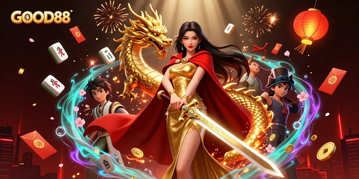 Experience the thrilling world of GOOD88 with a warrior queen and golden dragon amidst casino elements.