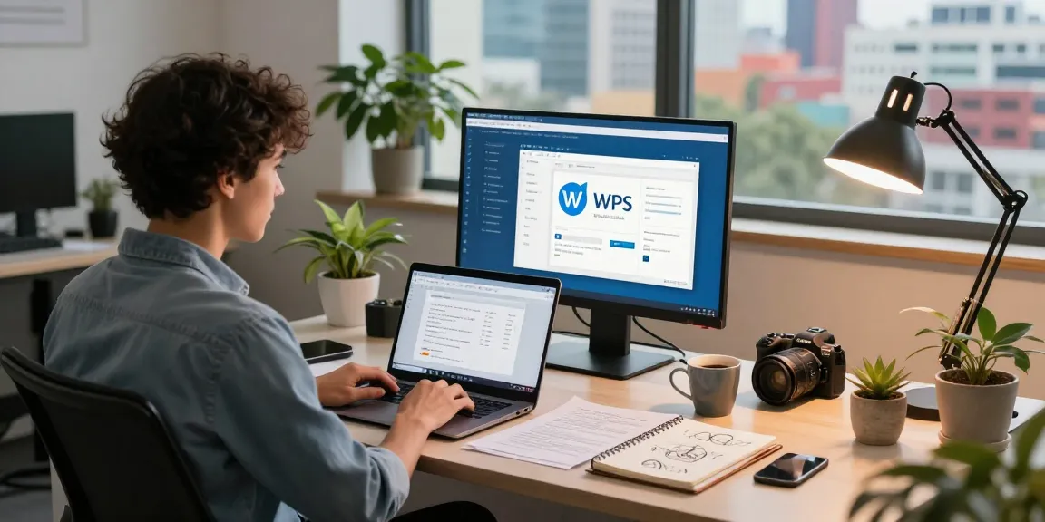 Download WPS Office on a modern office workspace with a laptop and documents.