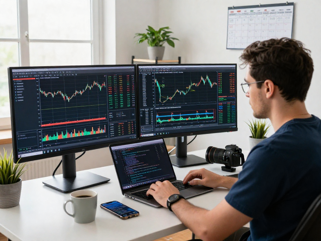 Trader analyzing MetaTrader 5 charts in a modern home office environment.
