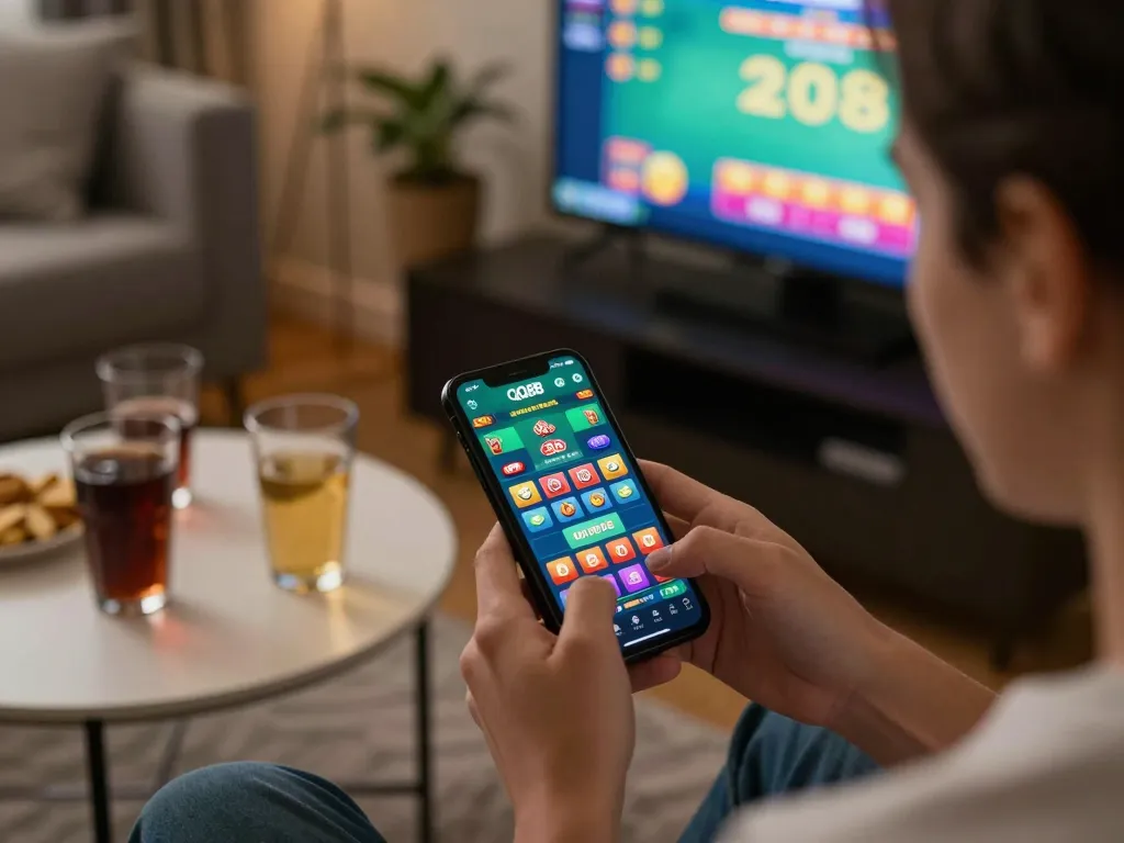 Engaging in mobile gambling on the qq88 app, showcasing a colorful casino interface