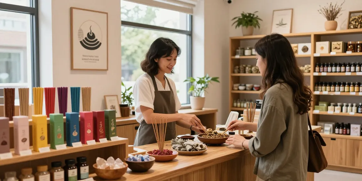 Customer exploring incense-high-com selection in a welcoming herbal shop.