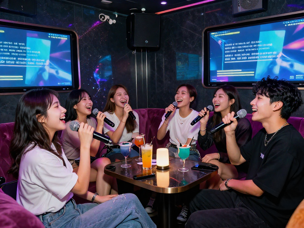 강남 타이밍에서 즐거운 노래방 파티 모습, 화려한 조명과 음료가 있는 현대적인 분위기
