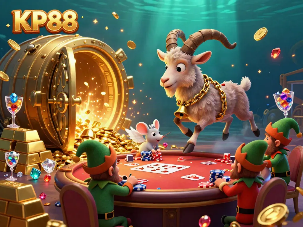 Engage in thrilling gaming at KP88 with vibrant casino elements and festive characters.