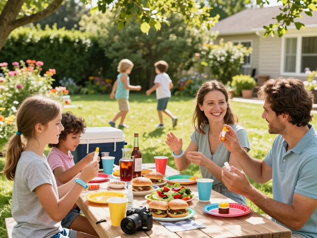 Family enjoying a backyard barbecue while using the Best Mosquito Repellent for protection against bugs.