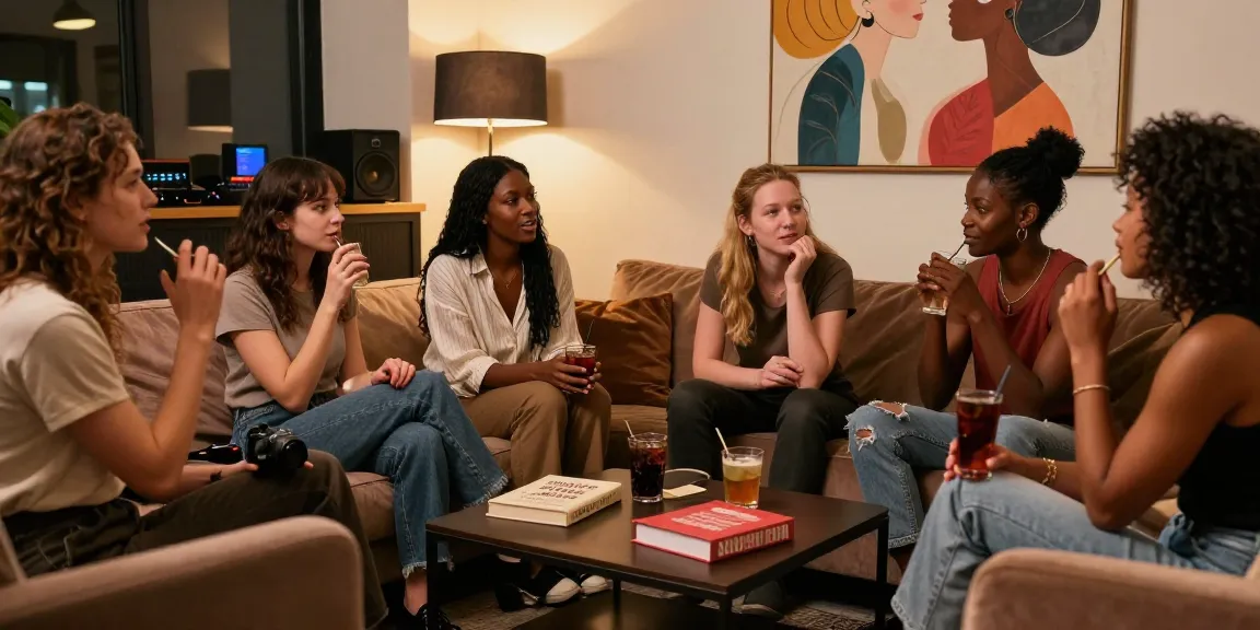 Vibrant discussion about סקס زنוג among diverse individuals in a cozy lounge setting.
