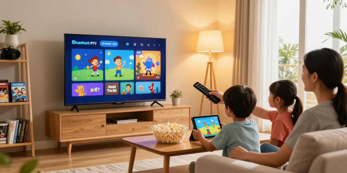 Family enjoying BlueShark IPTV streaming movies and shows in a cozy living room.